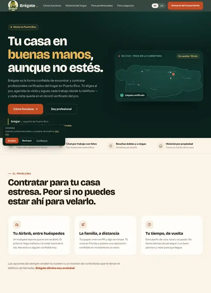 Brégate website, frame 1 of 3, top of the home page